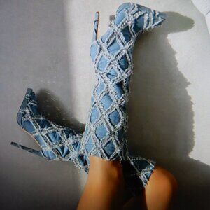 Simmi BOBBY denim blue diamante knee high BOOTS size 6
